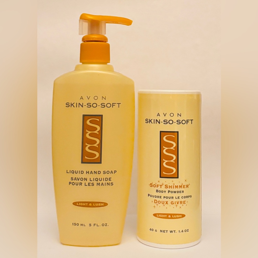 Avon Skin So Soft Light & Lush liquid hand soap pump + shimmering body powder